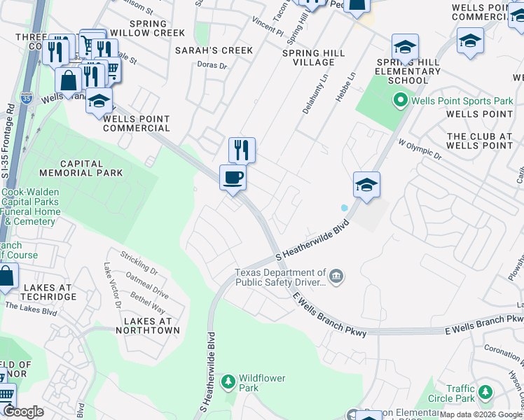map of restaurants, bars, coffee shops, grocery stores, and more near 1001 Wells Branch Parkway in Pflugerville