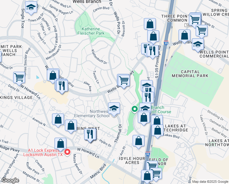 map of restaurants, bars, coffee shops, grocery stores, and more near 14135 Thermal Drive in Austin