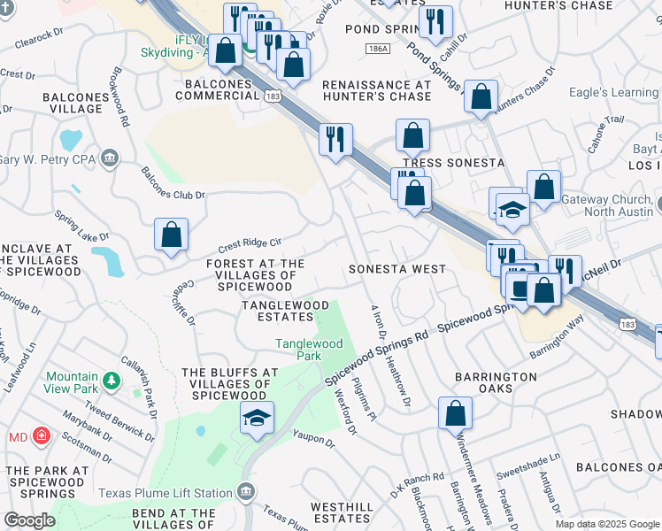 map of restaurants, bars, coffee shops, grocery stores, and more near 11706 Kings View Court in Austin