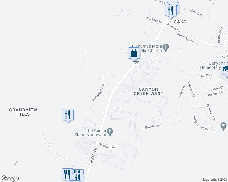 map of restaurants, bars, coffee shops, grocery stores, and more near 9501 North Ranch to Market 620 in Austin