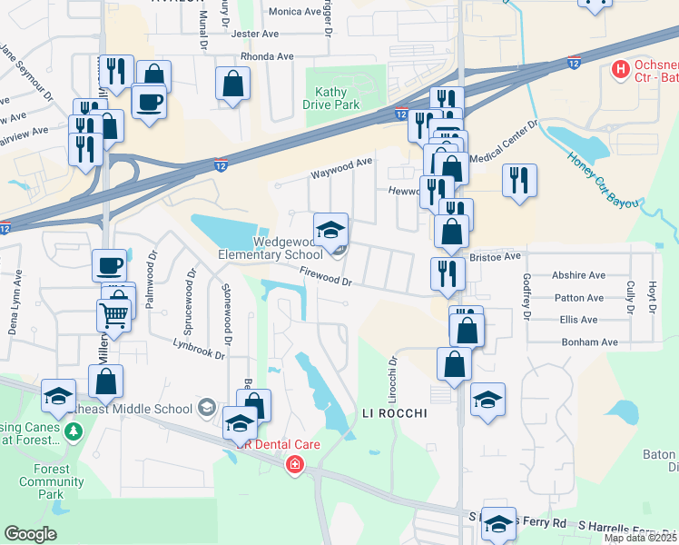 map of restaurants, bars, coffee shops, grocery stores, and more near 2330 Aspenwood Drive in Baton Rouge