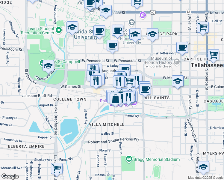 map of restaurants, bars, coffee shops, grocery stores, and more near 707 West Gaines Street in Tallahassee