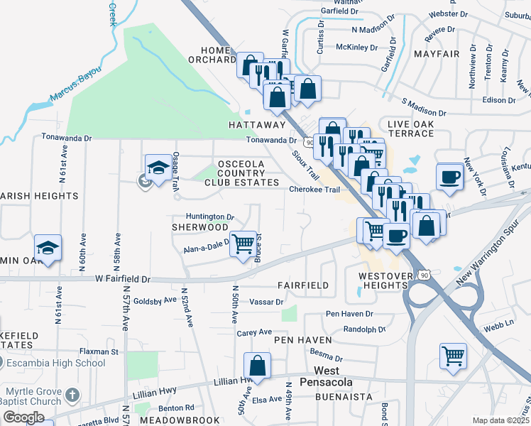 map of restaurants, bars, coffee shops, grocery stores, and more near 1626 Bruce St in Pensacola