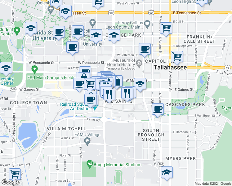 map of restaurants, bars, coffee shops, grocery stores, and more near 805 South Macomb Street in Tallahassee