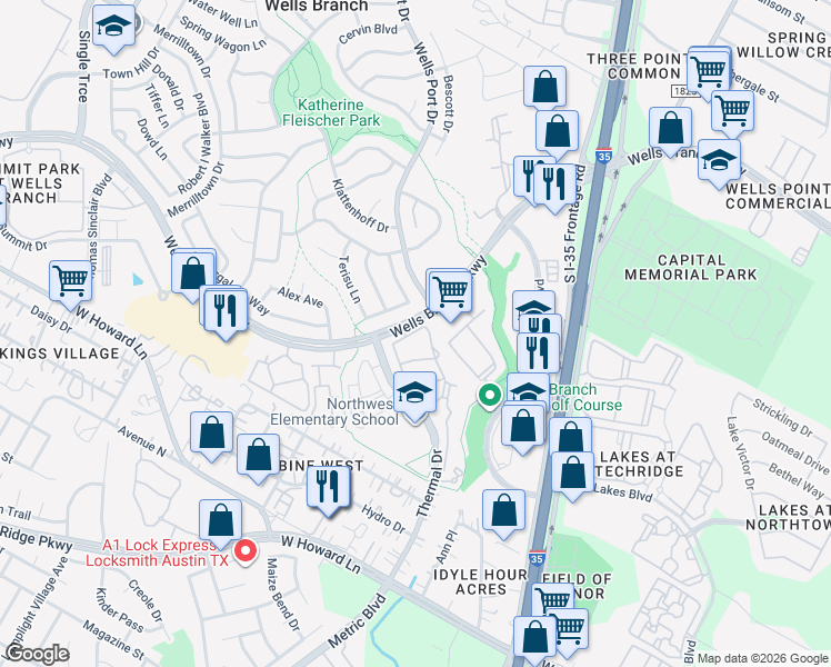 map of restaurants, bars, coffee shops, grocery stores, and more near 14135 Thermal Drive in Austin
