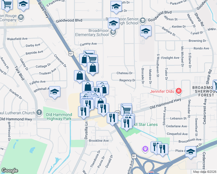 map of restaurants, bars, coffee shops, grocery stores, and more near 1820 Carolyn Sue Drive in Baton Rouge