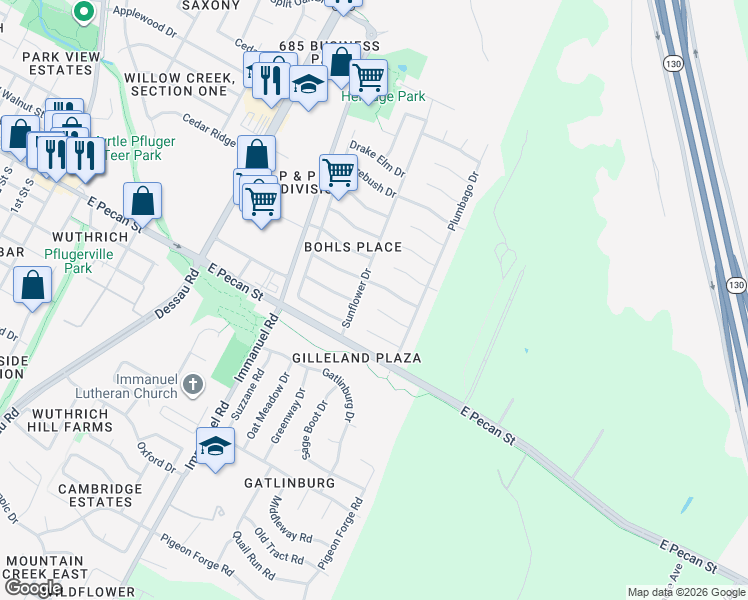 map of restaurants, bars, coffee shops, grocery stores, and more near 1502 Spring Peony Court in Pflugerville