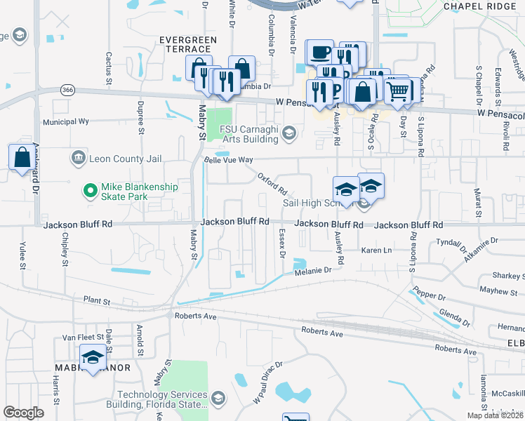 map of restaurants, bars, coffee shops, grocery stores, and more near 413 Sable Court in Tallahassee
