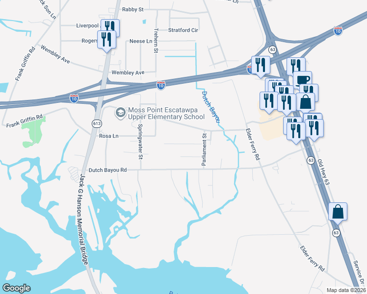 map of restaurants, bars, coffee shops, grocery stores, and more near 4428 Christopher Street in Moss Point