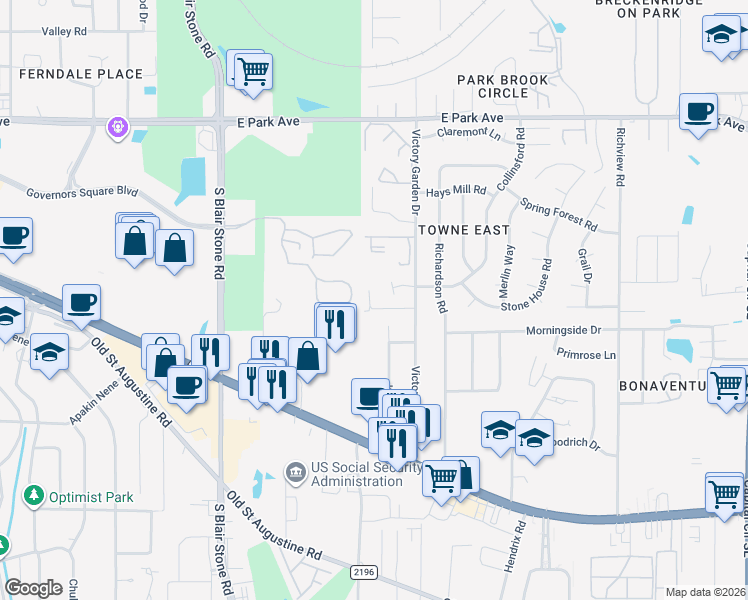 map of restaurants, bars, coffee shops, grocery stores, and more near 2310 Tina Drive in Tallahassee