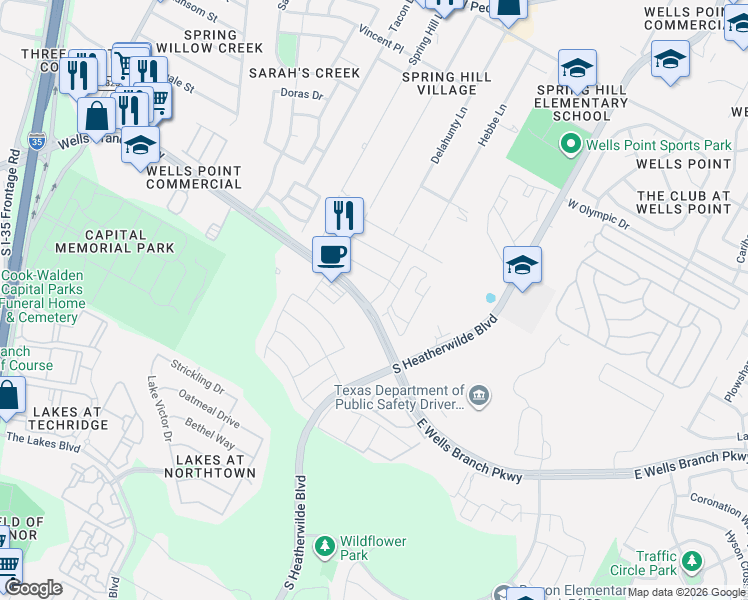map of restaurants, bars, coffee shops, grocery stores, and more near 1001 Wells Branch Parkway in Pflugerville
