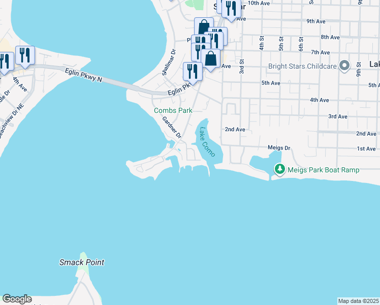 map of restaurants, bars, coffee shops, grocery stores, and more near 109 Port Drive in Shalimar