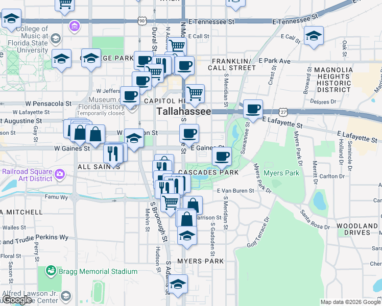 map of restaurants, bars, coffee shops, grocery stores, and more near 200 East Gaines Street in Tallahassee