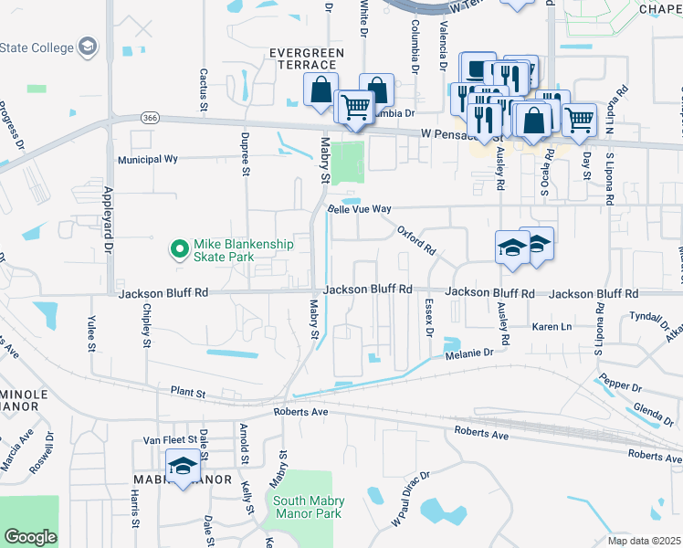 map of restaurants, bars, coffee shops, grocery stores, and more near 2416 Jackson Bluff Road in Tallahassee