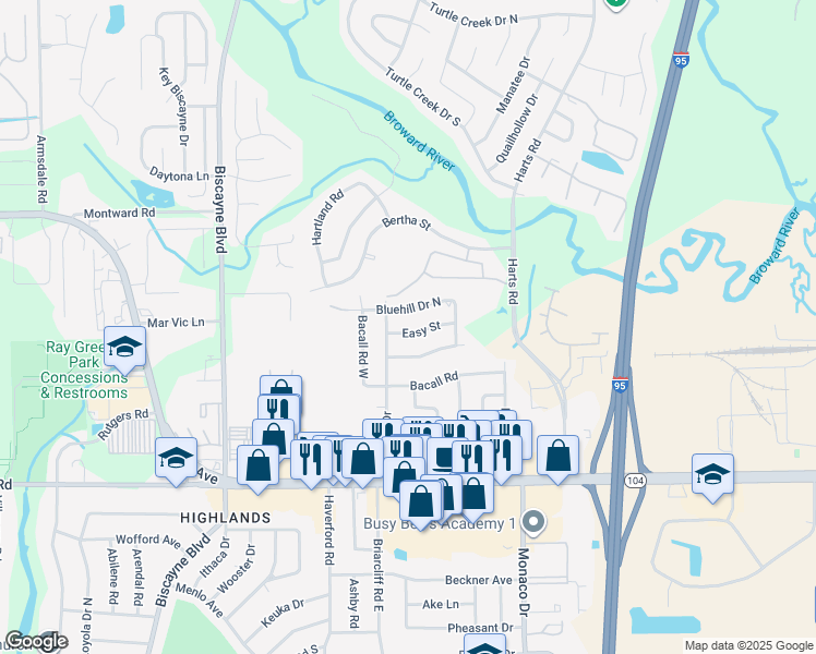 map of restaurants, bars, coffee shops, grocery stores, and more near 1127 Easy Street in Jacksonville