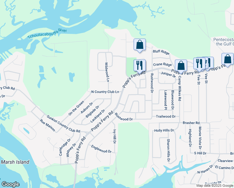 map of restaurants, bars, coffee shops, grocery stores, and more near 2219 North Country Club Lane in Biloxi