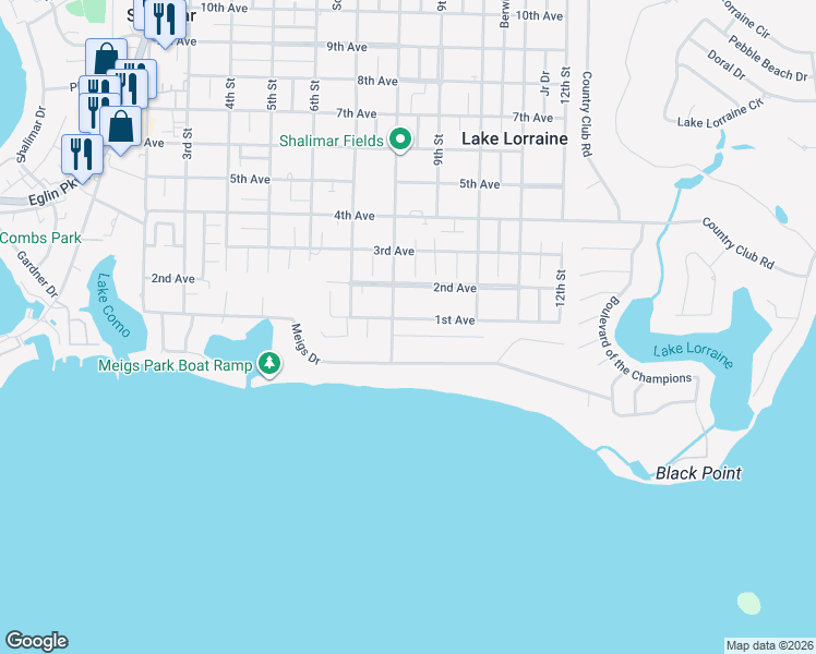 map of restaurants, bars, coffee shops, grocery stores, and more near 105 Boyce Road in Shalimar