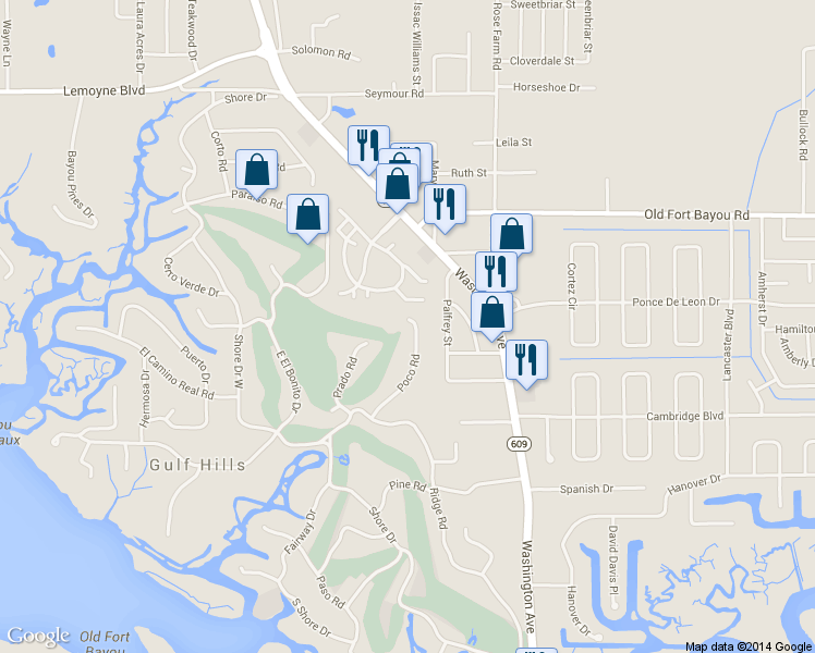 map of restaurants, bars, coffee shops, grocery stores, and more near 6421 Poco Road in Ocean Springs