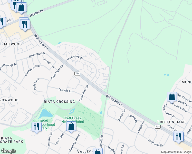 map of restaurants, bars, coffee shops, grocery stores, and more near 13021 Legendary Drive in Austin