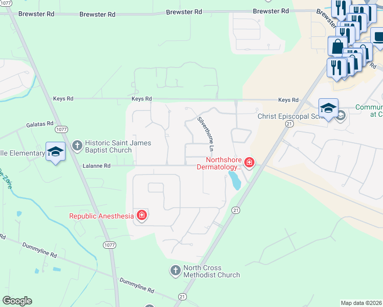 map of restaurants, bars, coffee shops, grocery stores, and more near 605 Silverthorne Lane in Covington