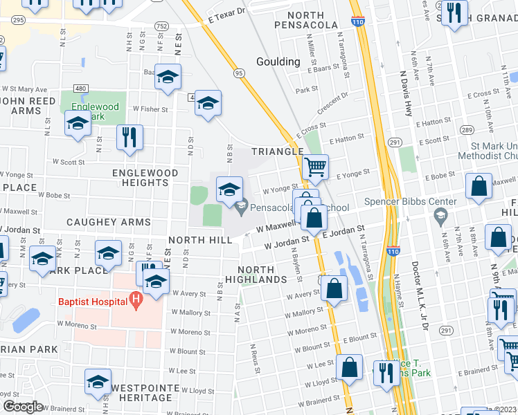 map of restaurants, bars, coffee shops, grocery stores, and more near 2303 North Spring Street in Pensacola