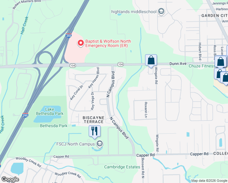 map of restaurants, bars, coffee shops, grocery stores, and more near 10993 Campus Heights Lane in Jacksonville