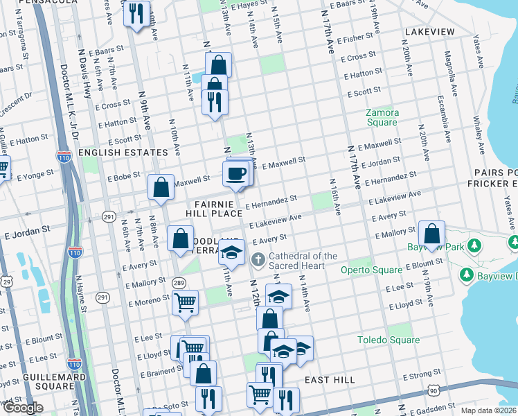 map of restaurants, bars, coffee shops, grocery stores, and more near 1905 North 13th Avenue in Pensacola