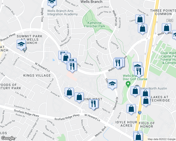 map of restaurants, bars, coffee shops, grocery stores, and more near 1909 Margalene Way in Austin