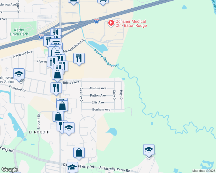 map of restaurants, bars, coffee shops, grocery stores, and more near 16805 Abshire Avenue in Baton Rouge