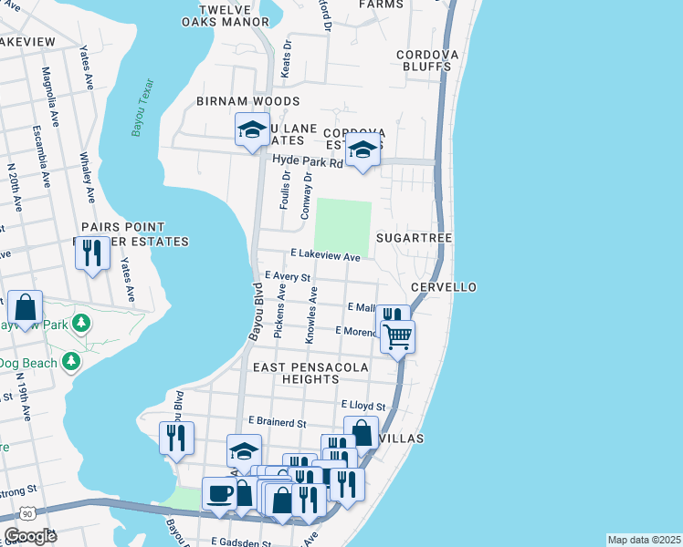 map of restaurants, bars, coffee shops, grocery stores, and more near 3110 E Avery St in Pensacola