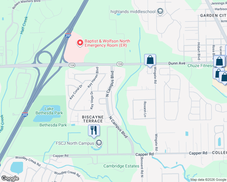 map of restaurants, bars, coffee shops, grocery stores, and more near 10993 Campus Heights Lane in Jacksonville