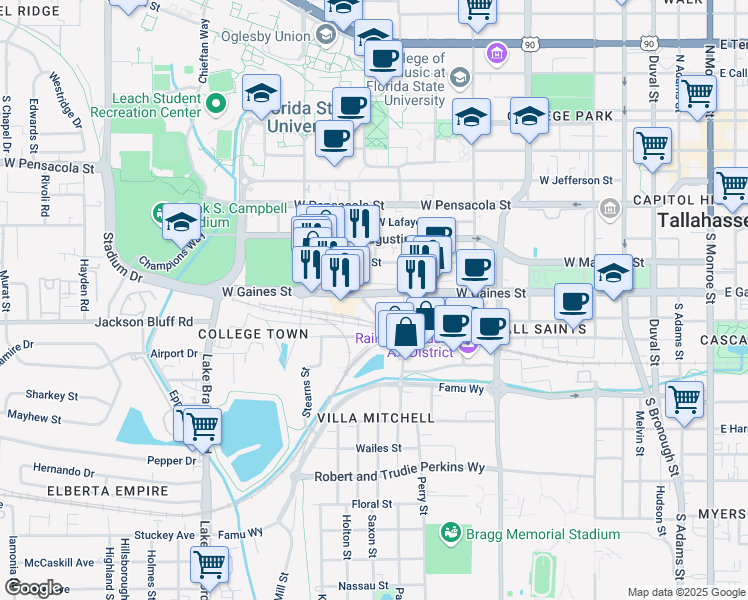 map of restaurants, bars, coffee shops, grocery stores, and more near 745 West Gaines Street in Tallahassee
