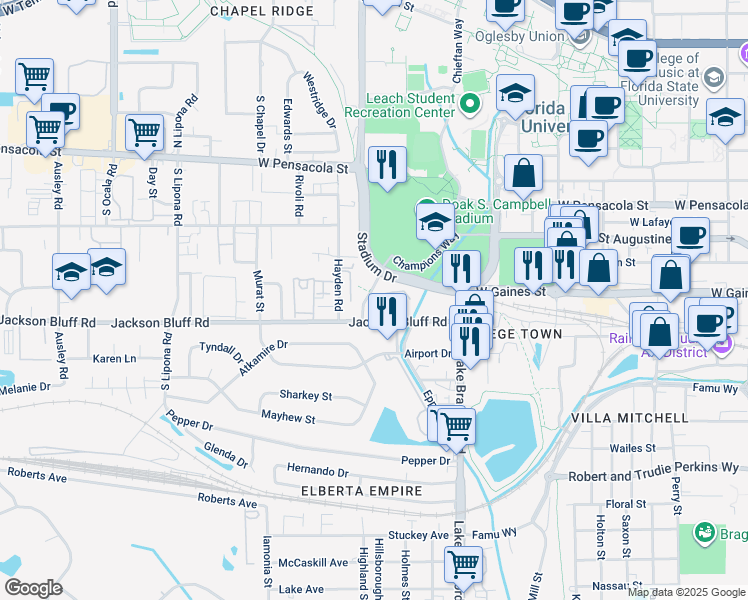 map of restaurants, bars, coffee shops, grocery stores, and more near 1360 Warrior Way in Tallahassee