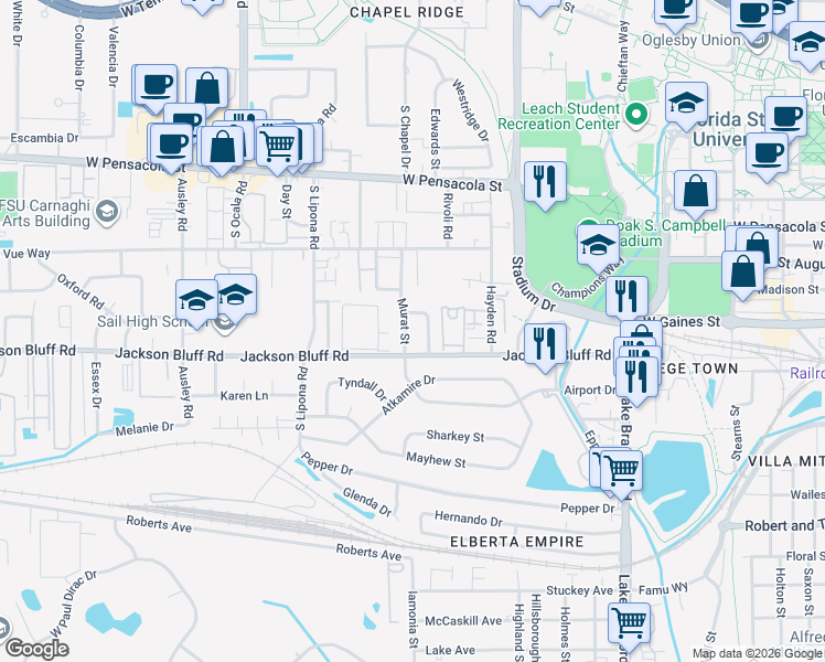 map of restaurants, bars, coffee shops, grocery stores, and more near 413 Murat Street in Tallahassee