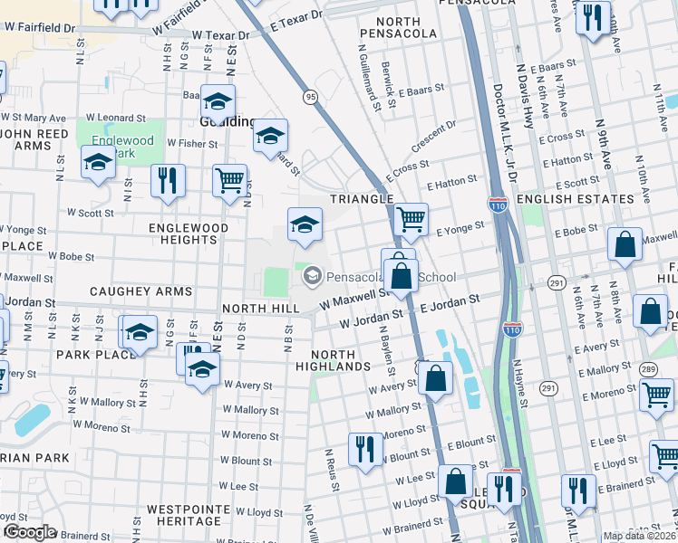map of restaurants, bars, coffee shops, grocery stores, and more near 2303 North Spring Street in Pensacola