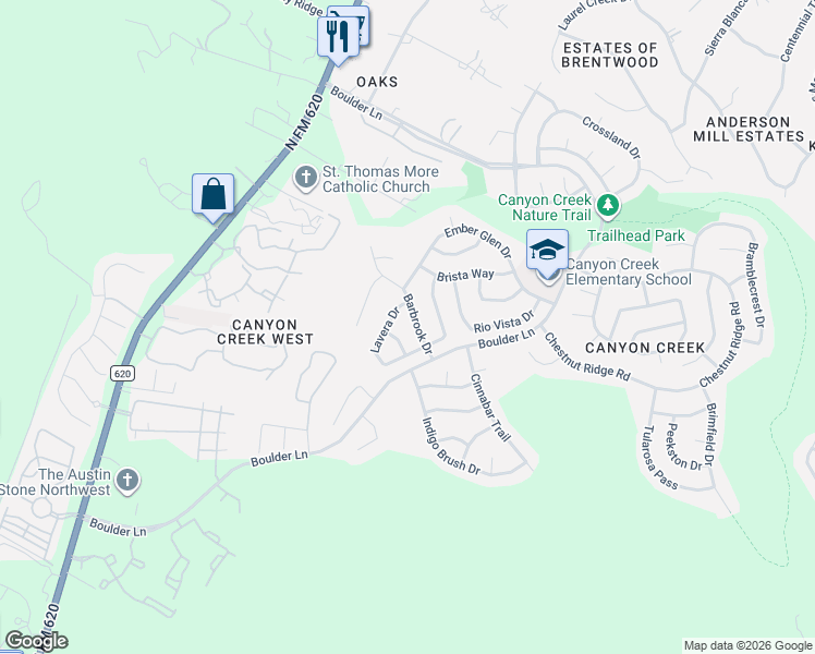 map of restaurants, bars, coffee shops, grocery stores, and more near 11312 Pachea Trail in Austin