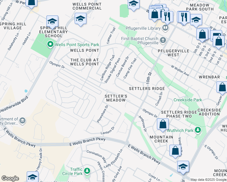 map of restaurants, bars, coffee shops, grocery stores, and more near 1206 Olympic Drive in Pflugerville
