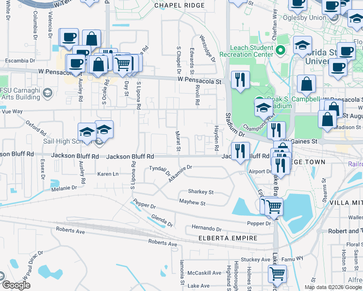 map of restaurants, bars, coffee shops, grocery stores, and more near 413 Murat Street in Tallahassee