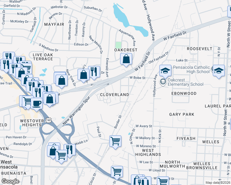 map of restaurants, bars, coffee shops, grocery stores, and more near 11 Cloverland Court in Pensacola