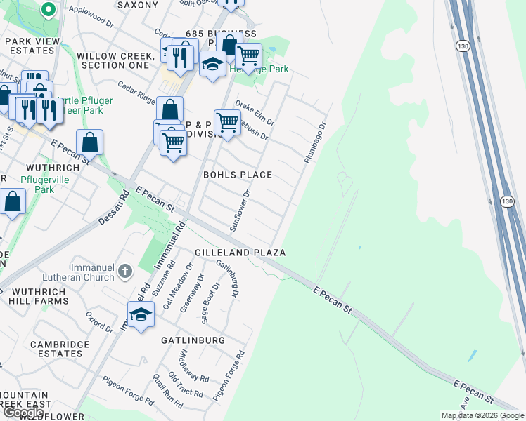 map of restaurants, bars, coffee shops, grocery stores, and more near 1502 Spring Peony Court in Pflugerville