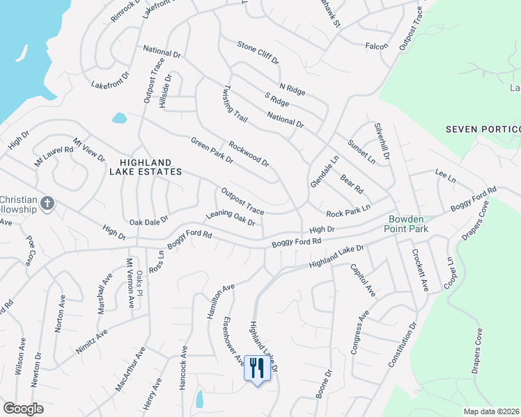 map of restaurants, bars, coffee shops, grocery stores, and more near 4073 Outpost Trace in Lago Vista