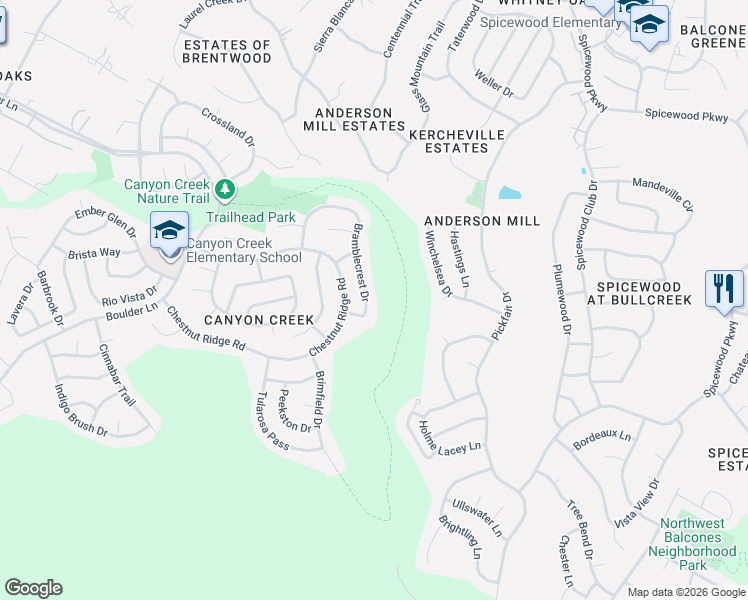 map of restaurants, bars, coffee shops, grocery stores, and more near 10744 Bramblecrest Drive in Austin