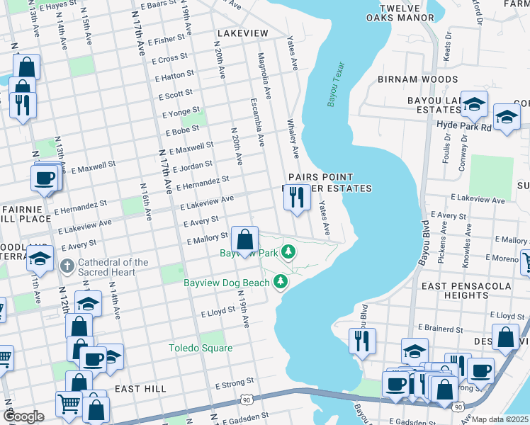 map of restaurants, bars, coffee shops, grocery stores, and more near 2007 East Avery Street in Pensacola