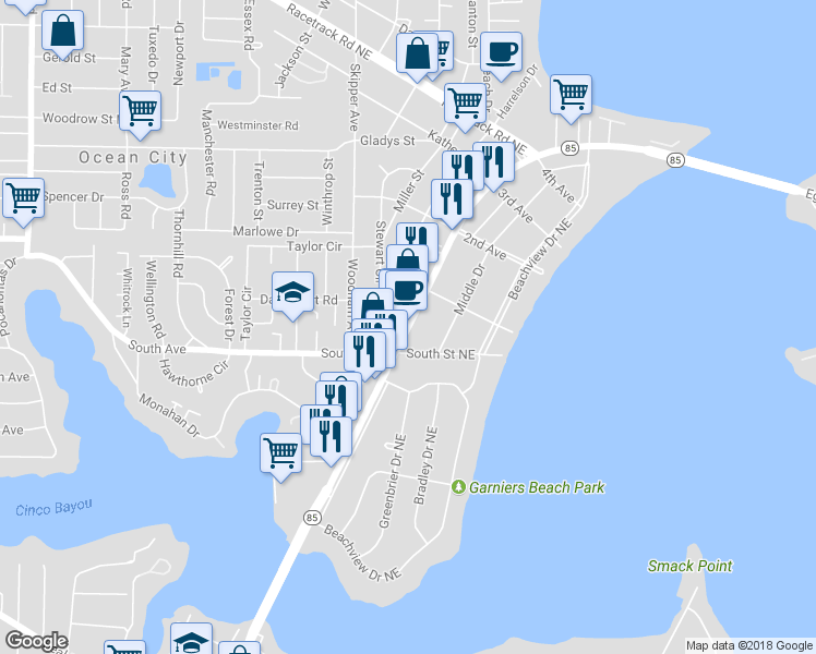 map of restaurants, bars, coffee shops, grocery stores, and more near 326 Eglin Parkway Northeast in Fort Walton Beach