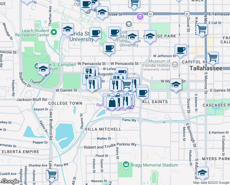 map of restaurants, bars, coffee shops, grocery stores, and more near 707 West Gaines Street in Tallahassee