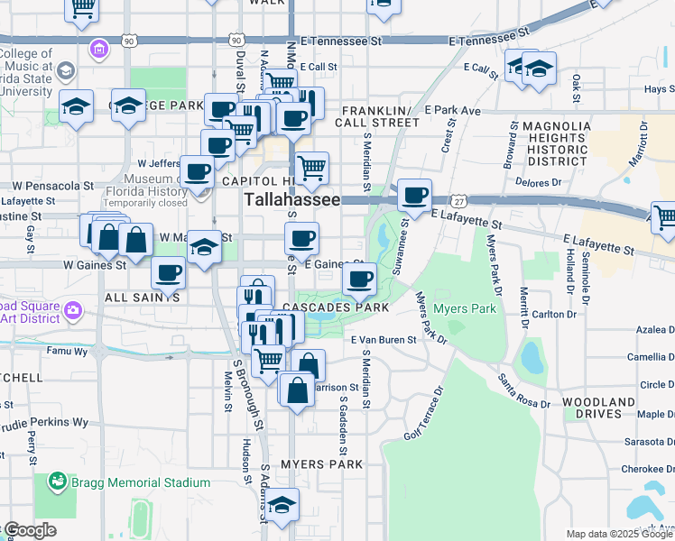map of restaurants, bars, coffee shops, grocery stores, and more near in Tallahassee