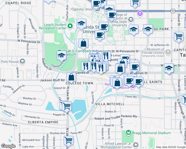 map of restaurants, bars, coffee shops, grocery stores, and more near in Tallahassee