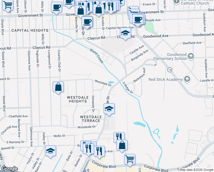 map of restaurants, bars, coffee shops, grocery stores, and more near 1548 Marshall Drive in Baton Rouge