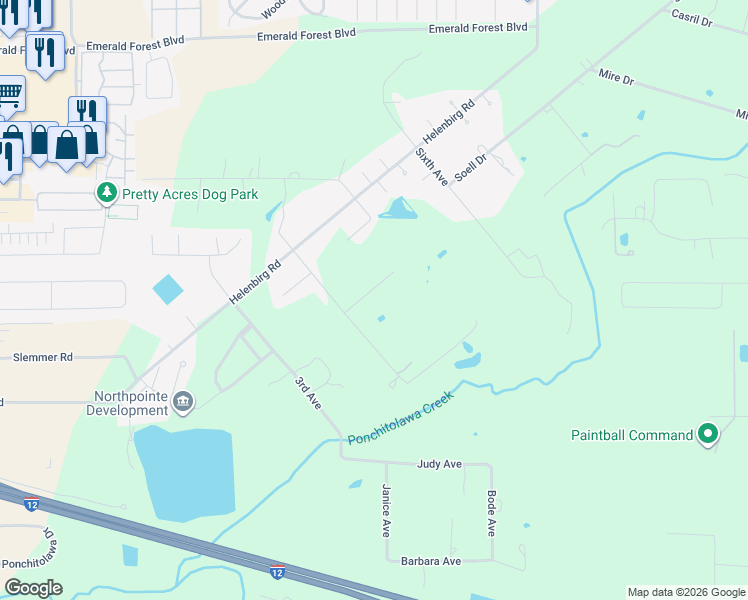 map of restaurants, bars, coffee shops, grocery stores, and more near 20402 Doris Road in Covington