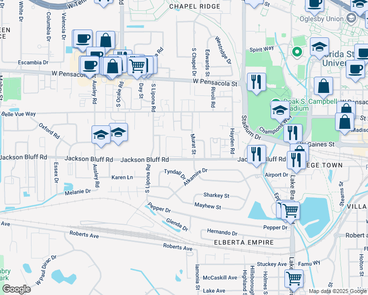map of restaurants, bars, coffee shops, grocery stores, and more near 1832 Jackson Bluff Road in Tallahassee